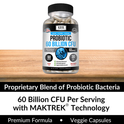 Kaya Naturals Probiotic 60 Billion CFU – Probiotics for Women, Men & Adults | Gut Health & Immune Support | 60 Vegetable Capsules