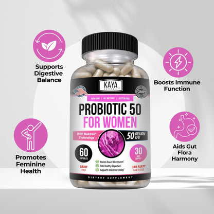 Kaya Naturals Probiotic 50 Billion CFU - Probiotics for Women, Men & Adults | Gut Health & Immune Support - 60 Veg Capsules