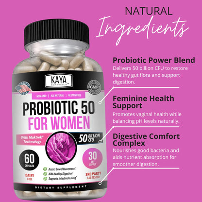 Kaya Naturals Probiotic 50 Billion CFU - Probiotics for Women, Men & Adults | Gut Health & Immune Support - 60 Veg Capsules