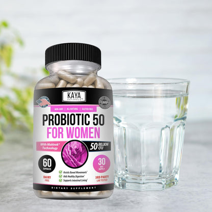 Kaya Naturals Probiotic 50 Billion CFU - Probiotics for Women, Men & Adults | Gut Health & Immune Support - 60 Veg Capsules