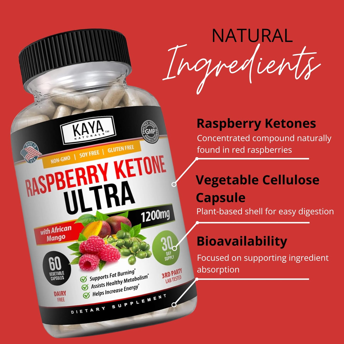 Kaya Naturals Raspberry Ketone Keto Diet - Weight Loss & Appetite Support (60 Count)