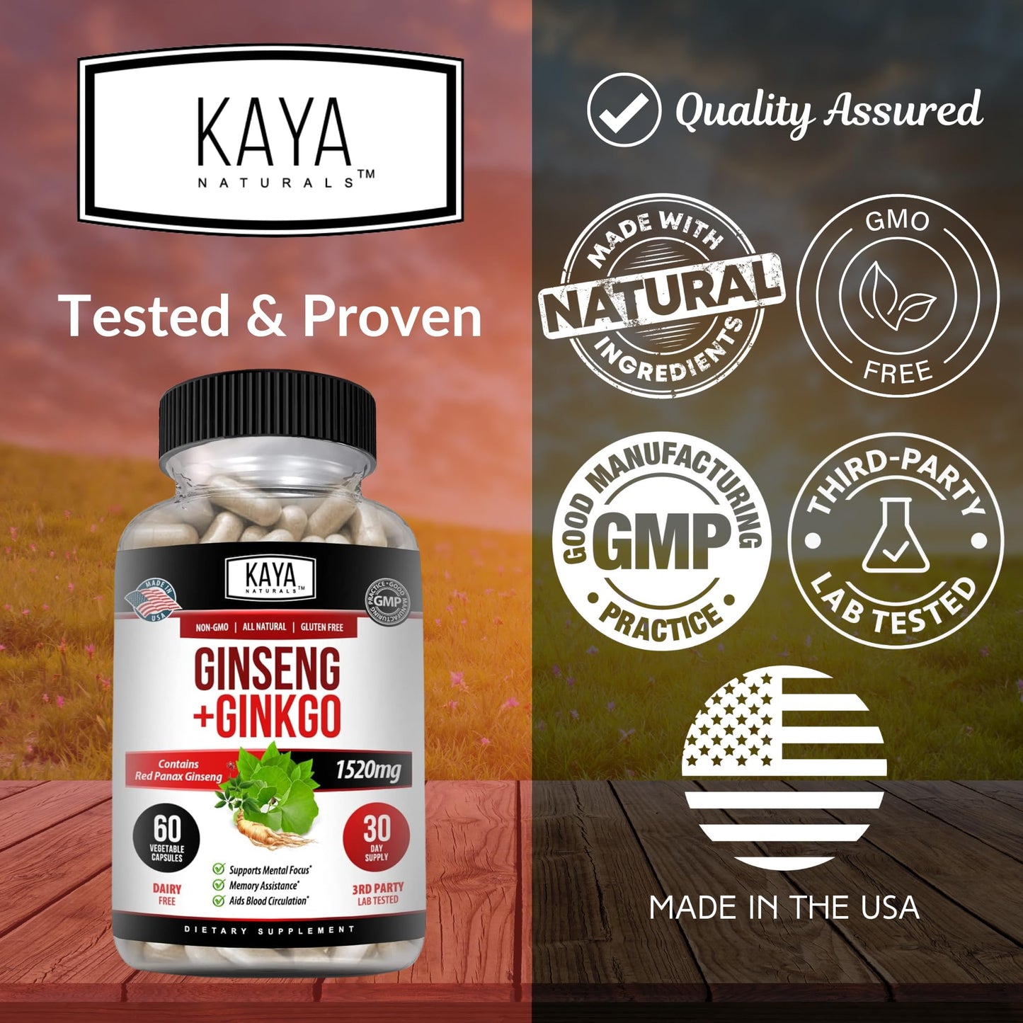 Kaya Naturals Red Panax Ginseng + Ginkgo Biloba – Nootropic Brain Support (2x60)