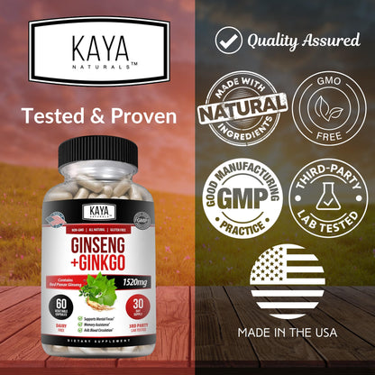 Kaya Naturals Red Panax Ginseng + Ginkgo Biloba – Nootropic Brain Support (2x60)