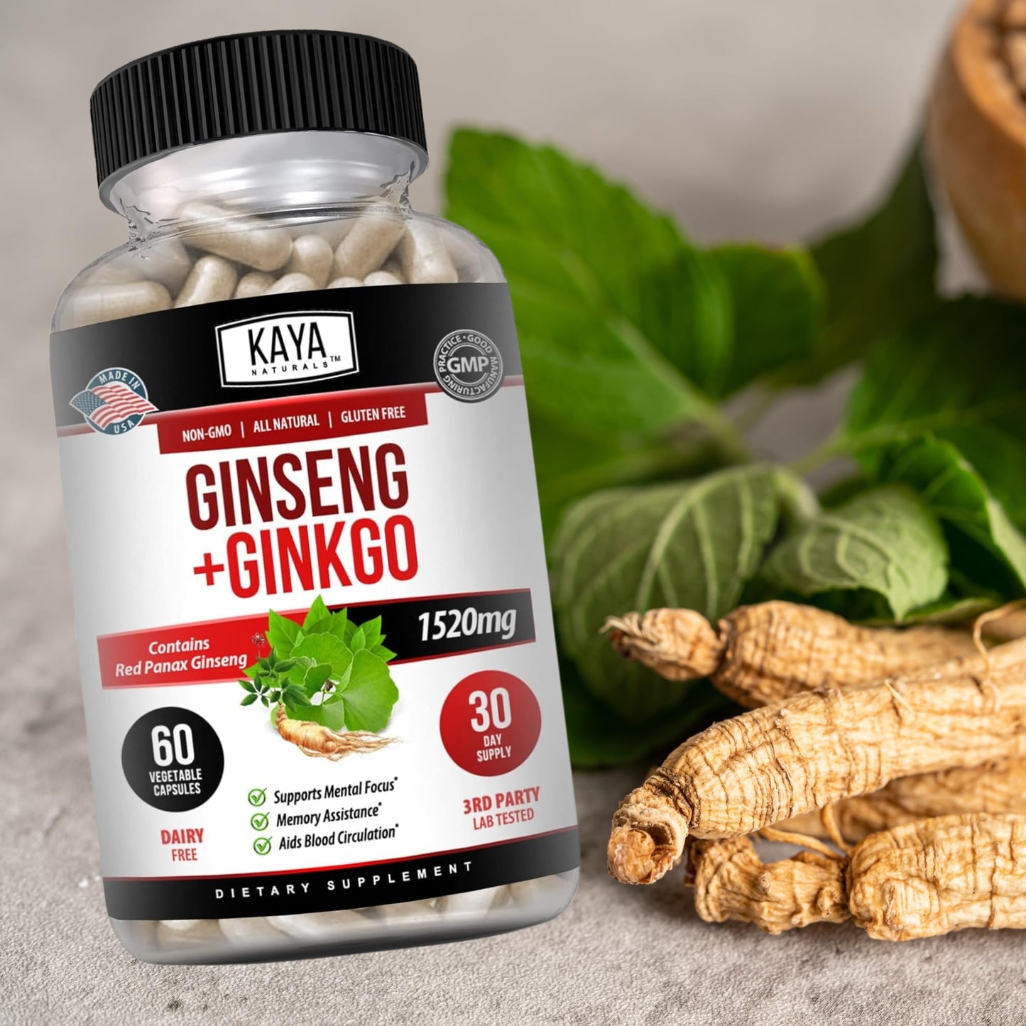 Kaya Naturals Red Panax Ginseng + Ginkgo Biloba – Nootropic Brain Support (2x60)