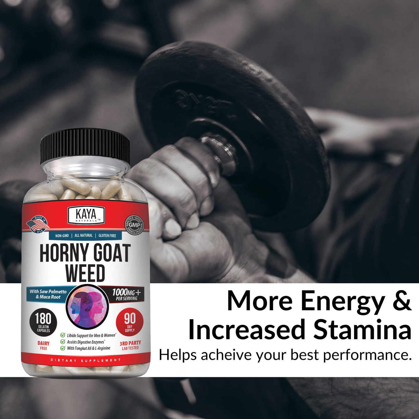 Kaya Naturals Horny Goat Weed Extract – Extra Strength Complex with Maca, Saw Palmetto, Ginseng, Arginine | 180 Count