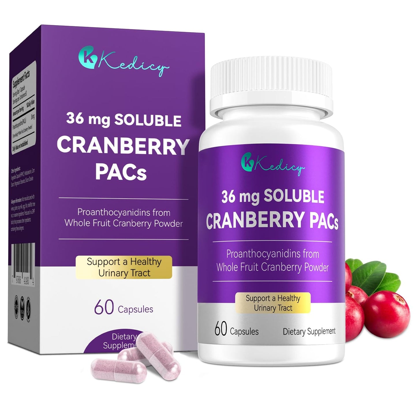 Kedicy Cranberry Pills for Women – 36 mg Soluble PACs | UTI Defense | 60 Caps