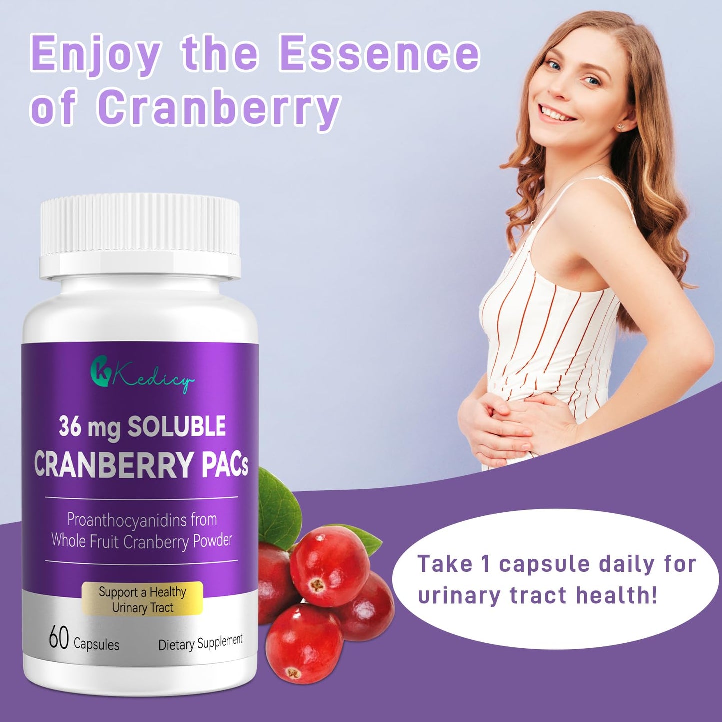 Kedicy Cranberry Pills for Women – 36 mg Soluble PACs | UTI Defense | 60 Caps