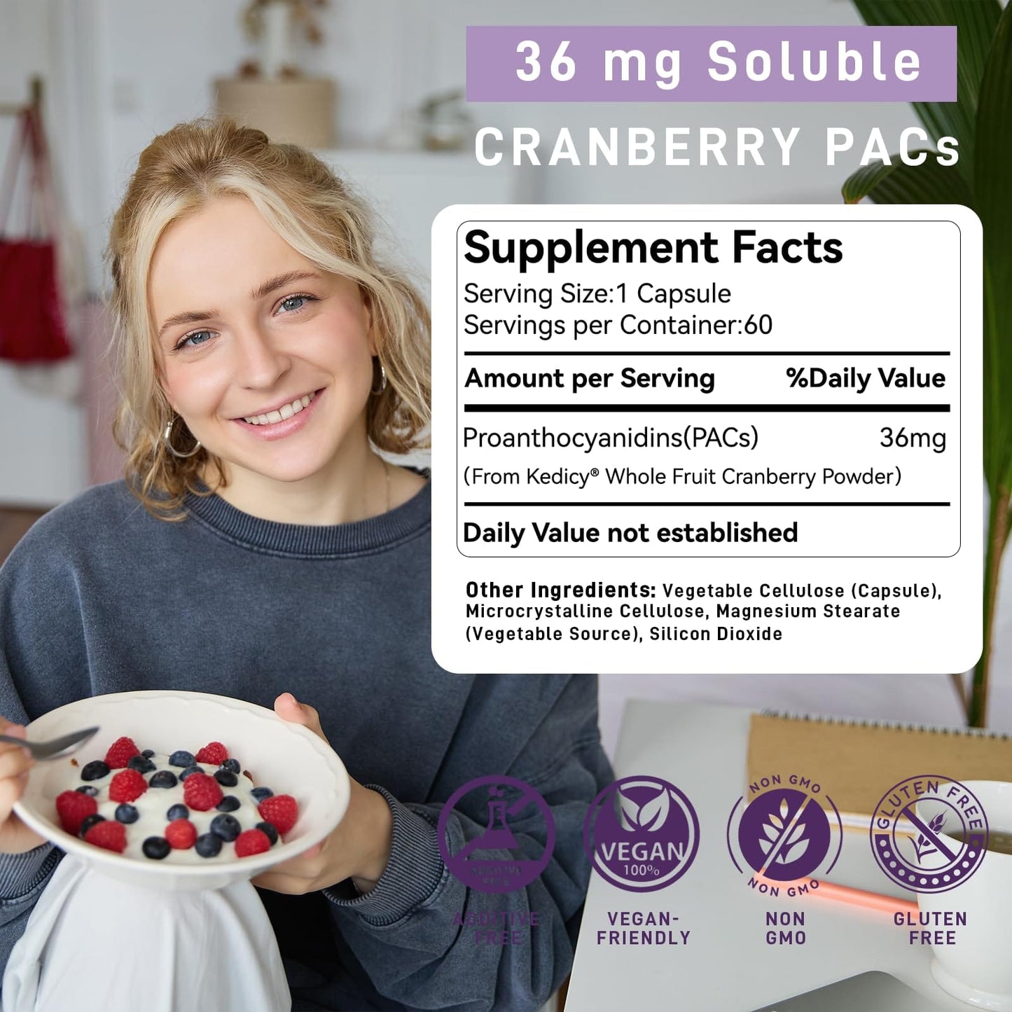 Kedicy Cranberry Pills for Women – 36 mg Soluble PACs | UTI Defense | 60 Caps