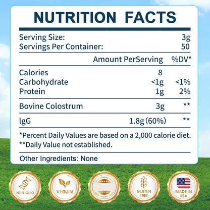 KEDISOM Grass-Fed Bovine Colostrum Powder - 60% IgG, 3000 mg, Gut & Immune Support