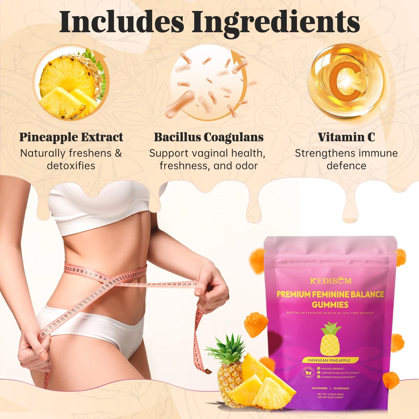 KEDISOM Premium Feminine Balance Gummies - Women's Health, Immune Support, Vegan & Gluten-Free (60 Gummies, 30 Servings)