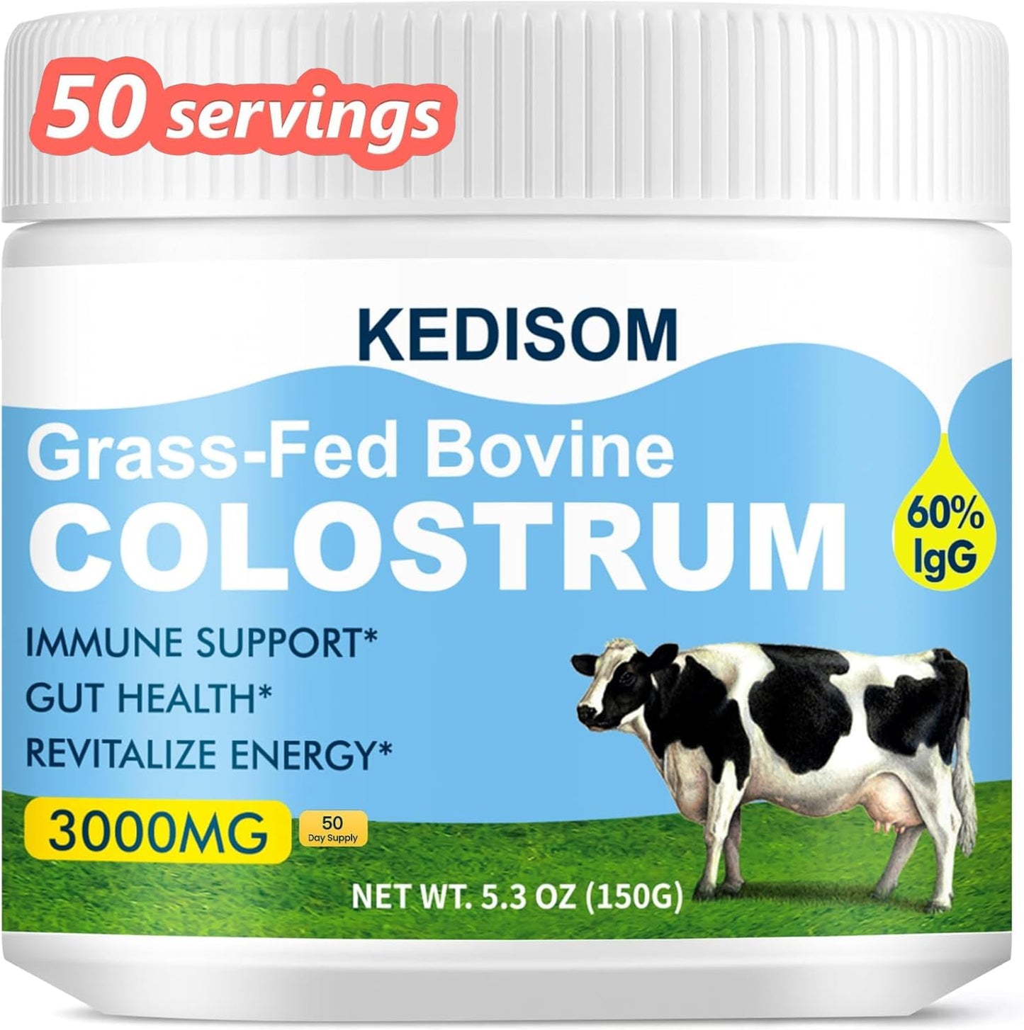KEDISOM Grass-Fed Bovine Colostrum Powder - 60% IgG, 3000 mg, Gut & Immune Support