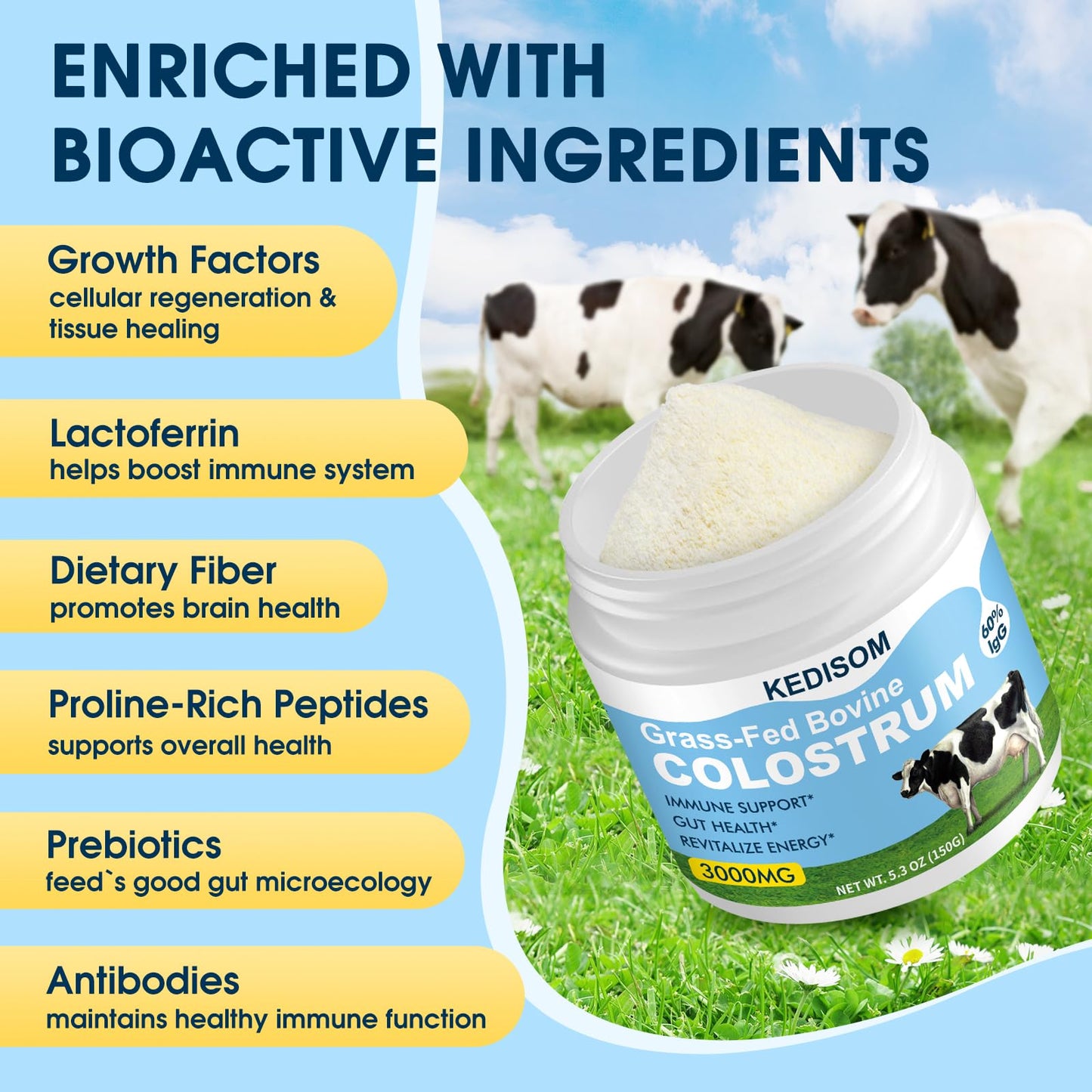 KEDISOM Grass-Fed Bovine Colostrum Powder - 60% IgG, 3000 mg, Gut & Immune Support