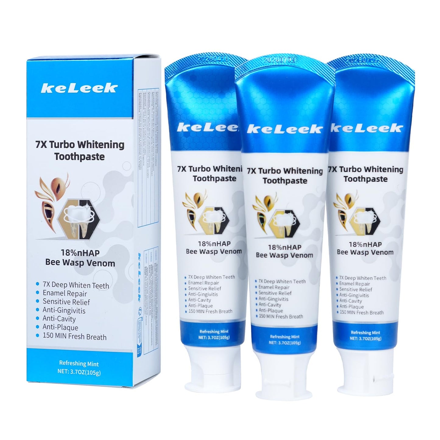 KeLeek 3-Pack Turbo Whitening Toothpaste – 18% Nano-Hydroxyapatite + Bee Wasp Venom
