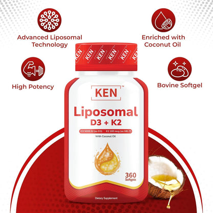 KEN Liposomal Vitamin D3 5000 IU + K2 MK7 100 mcg | Bone Support & Immune Health Softgels