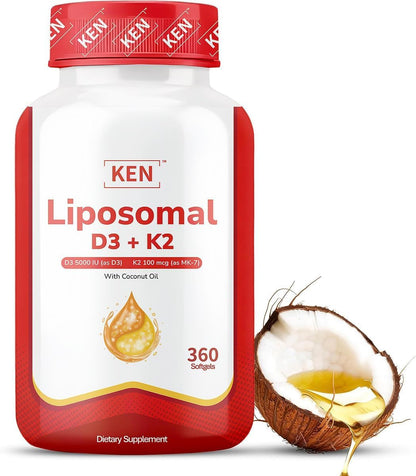 KEN Liposomal Vitamin D3 5000 IU + K2 MK7 100 mcg | Bone Support & Immune Health Softgels