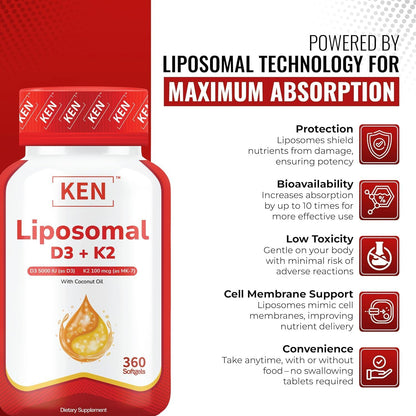 KEN Liposomal Vitamin D3 5000 IU + K2 MK7 100 mcg | Bone Support & Immune Health Softgels