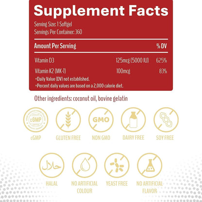 KEN Liposomal Vitamin D3 5000 IU + K2 MK7 100 mcg | Bone Support & Immune Health Softgels