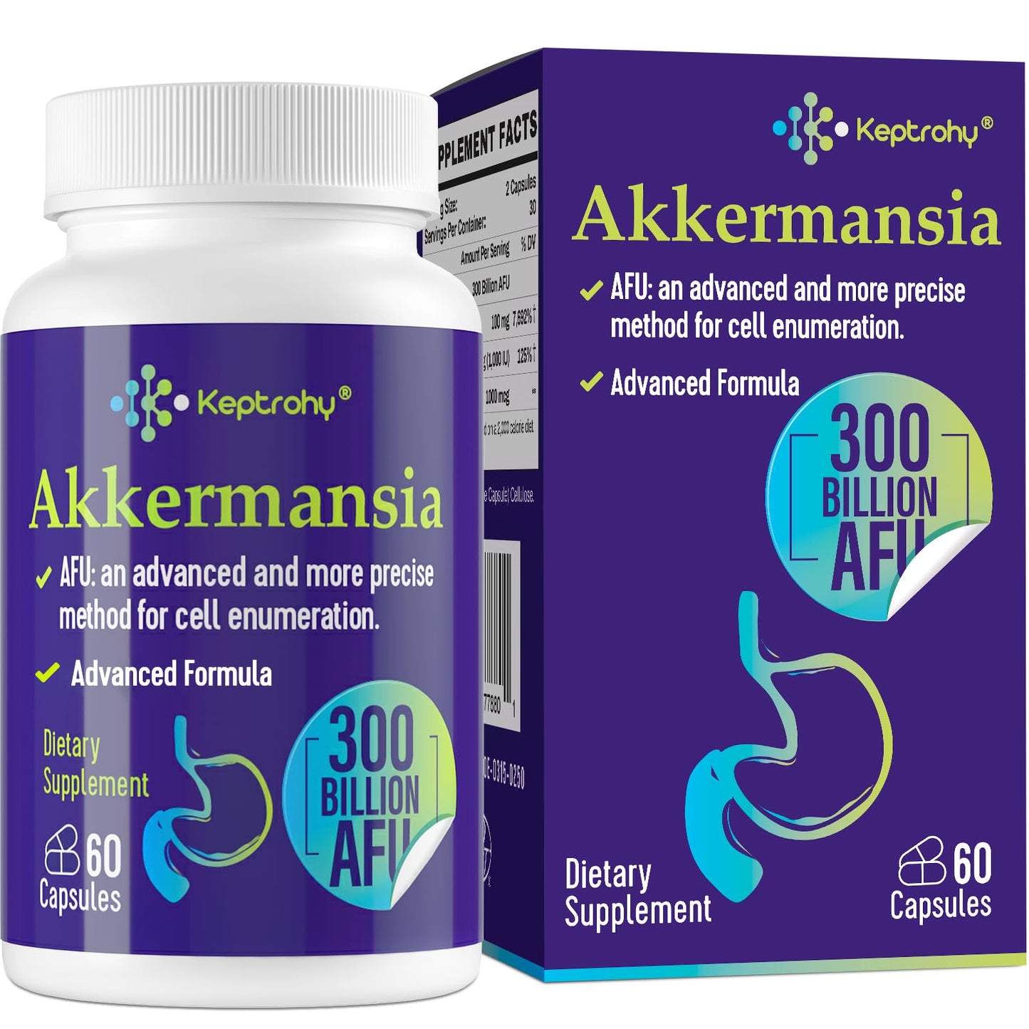 Keptrohy 300 Billion AFU Akkermansia Probiotic for Women & Men, Akkermansia Muciniphila for More GLP ONE Production, Digestive, Gut & Immune, Gut Digestive Lining Function, 60 Count