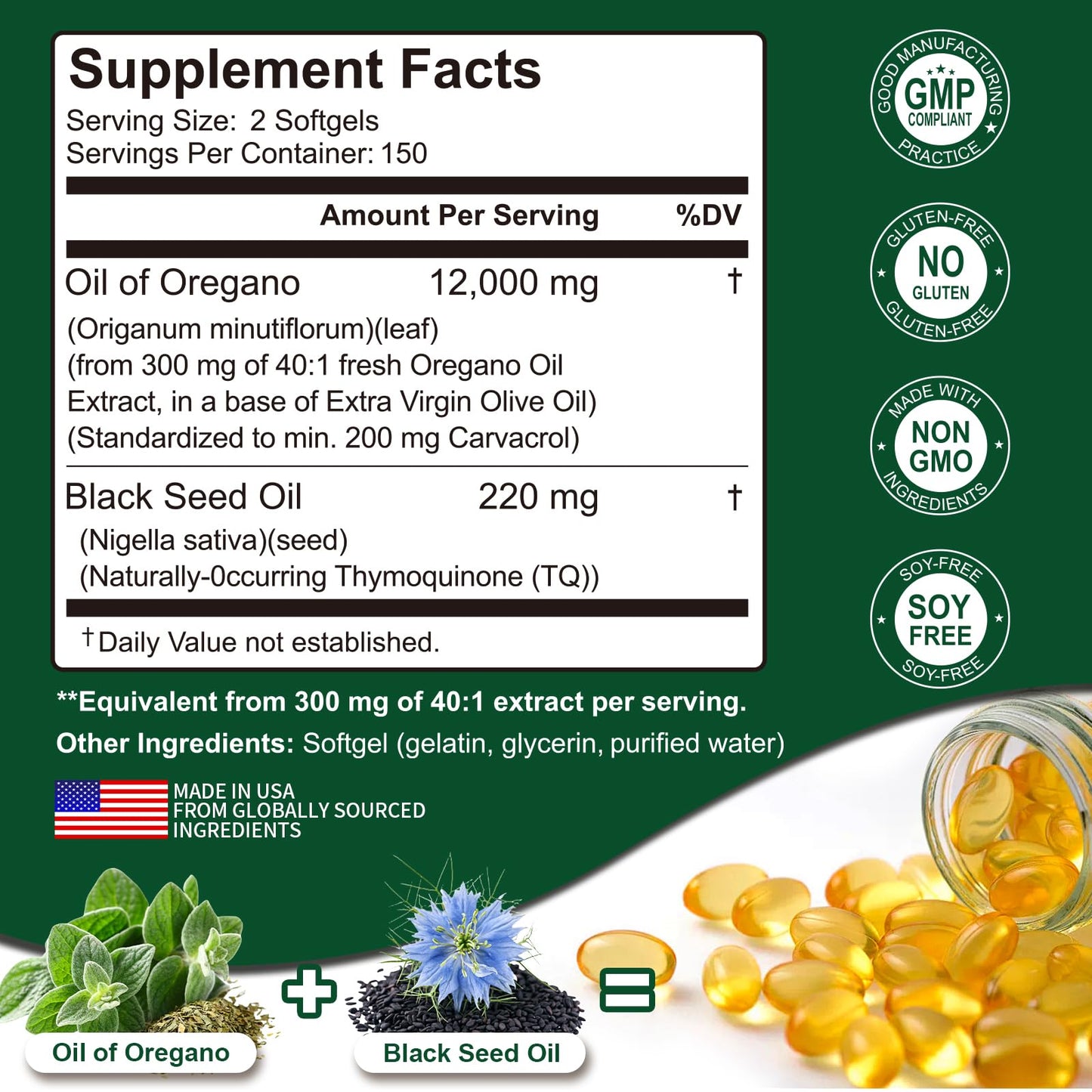 Keszciy 300 Softgels: Oil of Oregano with Black Seed Oil (2-in-1) for Immune Health