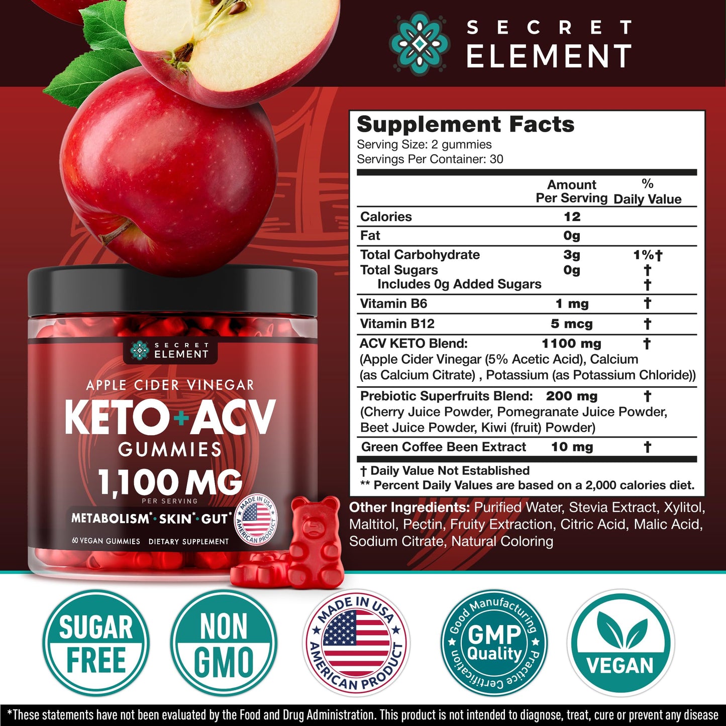 Keto ACV Gummies 1100mg Cherry – Sugar Free, Vegan, Non-GMO | 60 Gummies