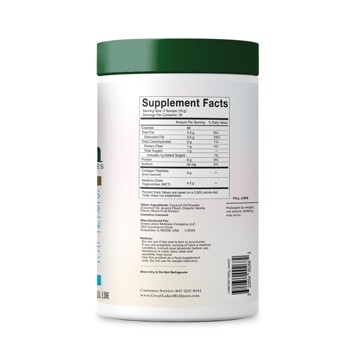 Great Lakes Wellness Keto Boost Collagen Peptides Powder – Vanilla, 14.1 oz | 4.2g MCTs, Non-Dairy Coffee Creamer, Non-GMO, Kosher