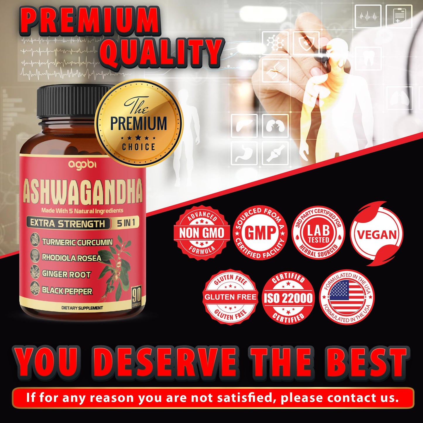 90 Capsules Ashwagandha Supplement with Ginger Root, Turmeric, Rhodiola Rosea & Black Pepper