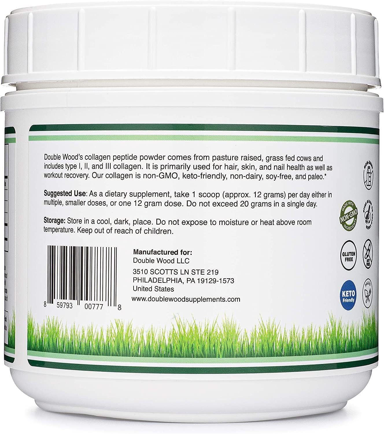 Collagen Peptides Powder - Hydrolyzed Multi-Type I/II/III | Grass-Fed Bovine | 16.08oz | Double Wood