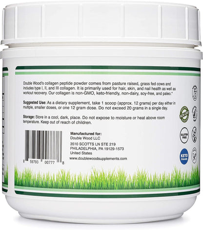 Collagen Peptides Powder - Hydrolyzed Multi-Type I/II/III | Grass-Fed Bovine | 16.08oz | Double Wood