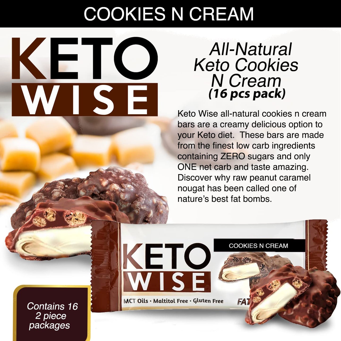 Keto Wise Fat Bombs Cookies N Cream – 16 Count (Pack of 1) | Low-Carb Ketogenic Snack