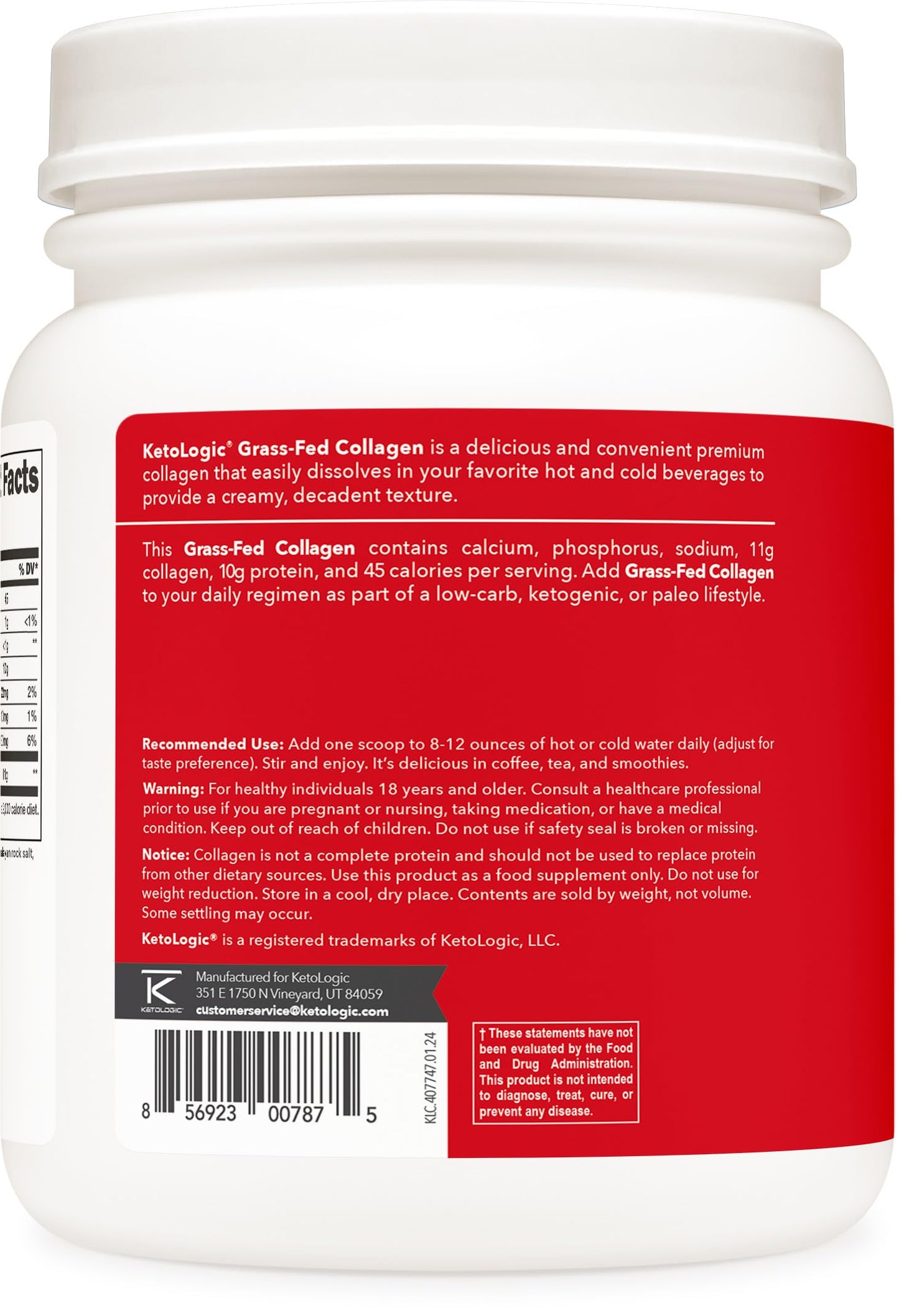 Ketologic Grass-Fed Collagen Hydrolysate Powder (Vanilla) | 1 lb, 37 Servings