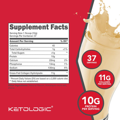 Ketologic Grass-Fed Collagen Hydrolysate Powder (Vanilla) | 1 lb, 37 Servings
