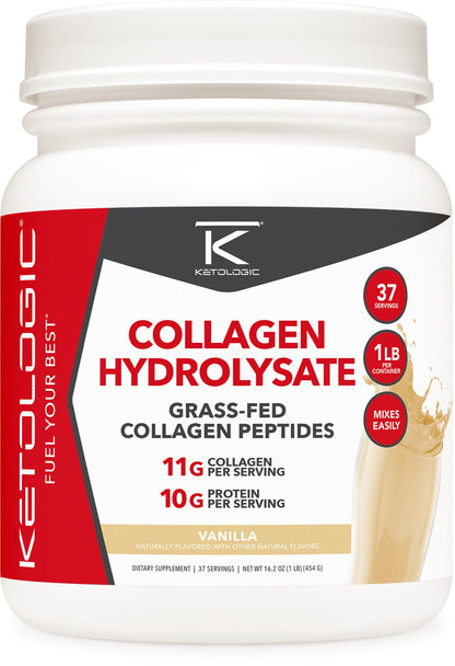 Ketologic Grass-Fed Collagen Hydrolysate Powder (Vanilla) | 1 lb, 37 Servings