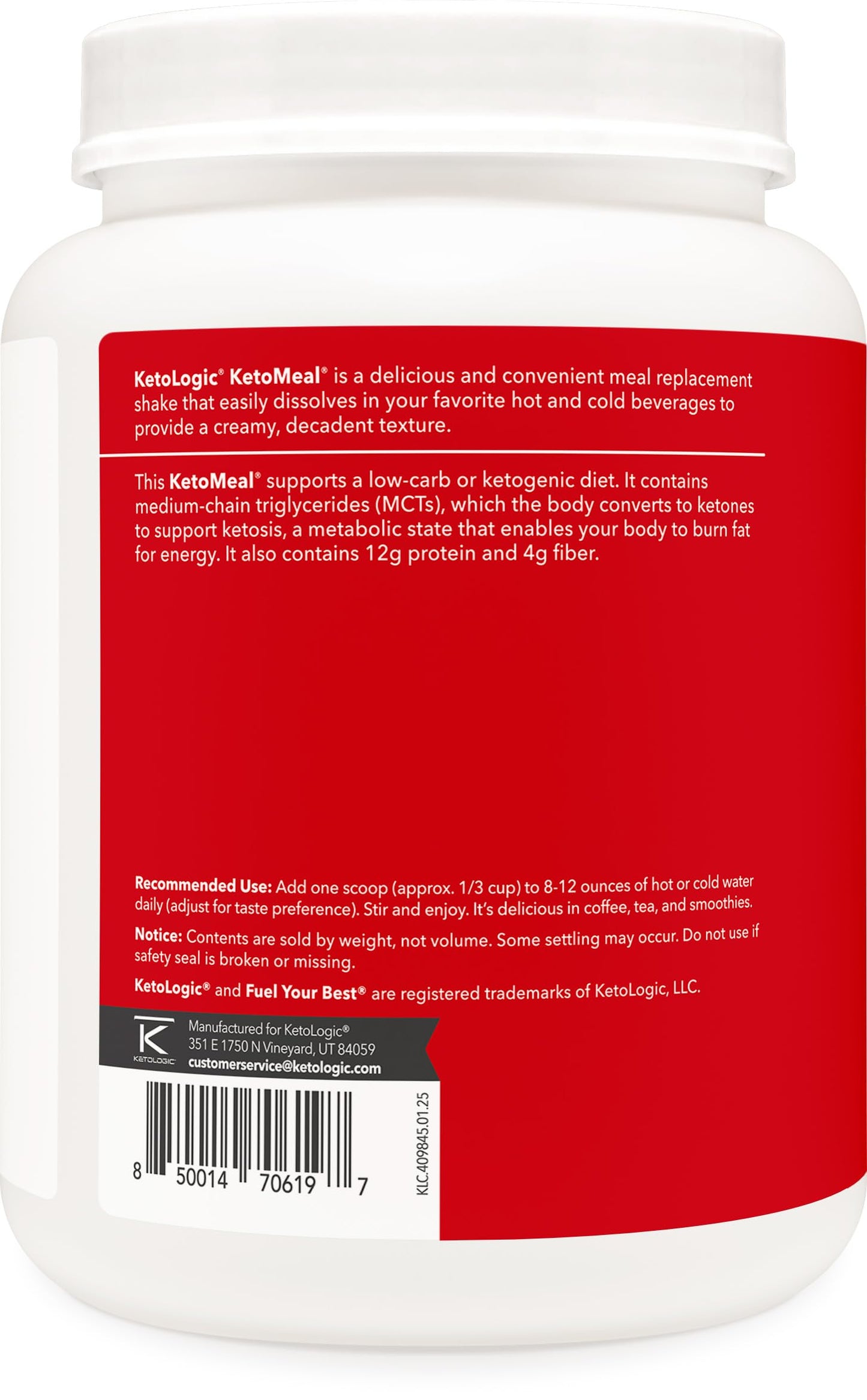 KetoLogic KetoMeal Shake with MCT Oil — 70:30 Ketogenic Macros, 20 Servings, Chocolate