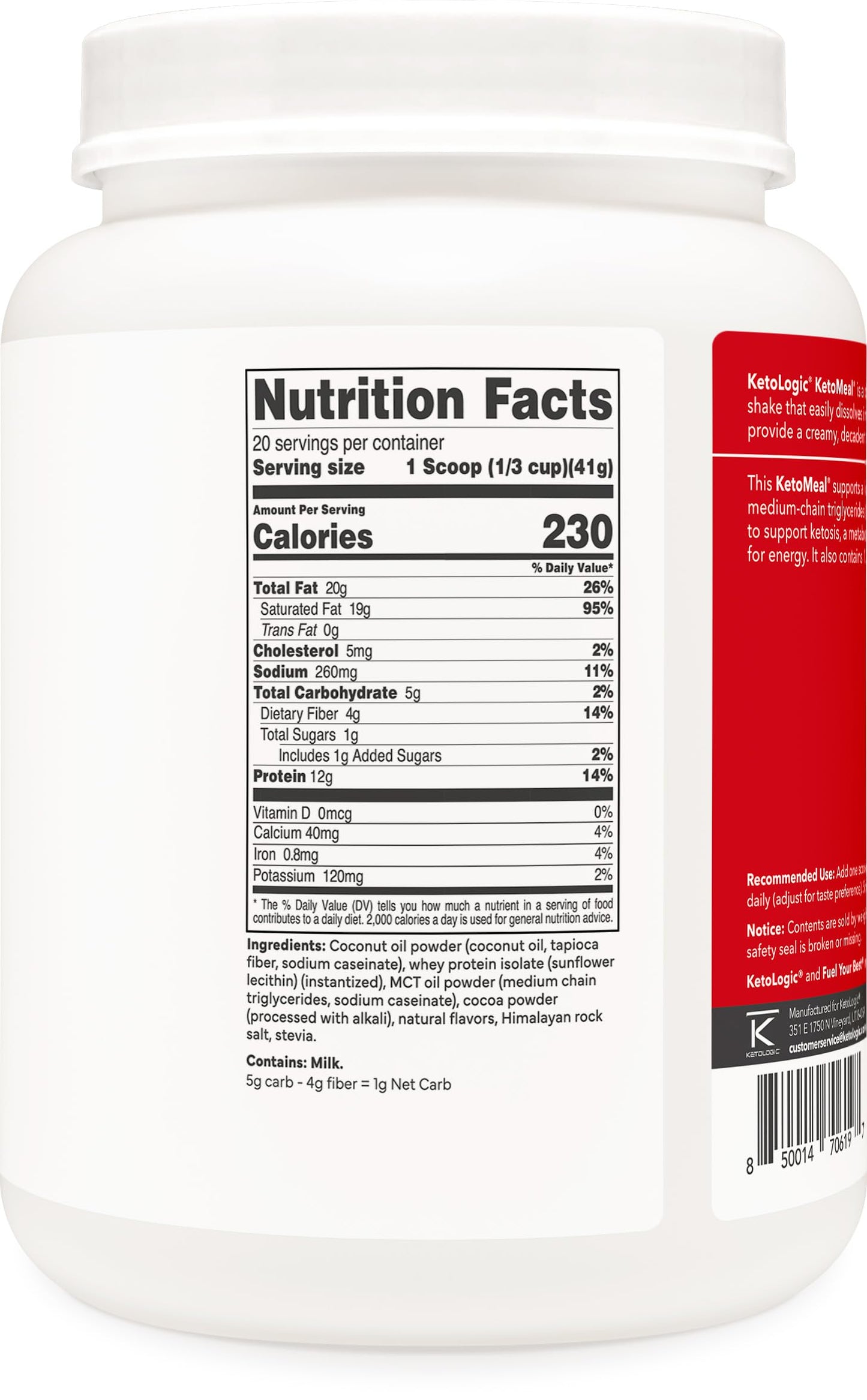 KetoLogic KetoMeal Shake with MCT Oil — 70:30 Ketogenic Macros, 20 Servings, Chocolate