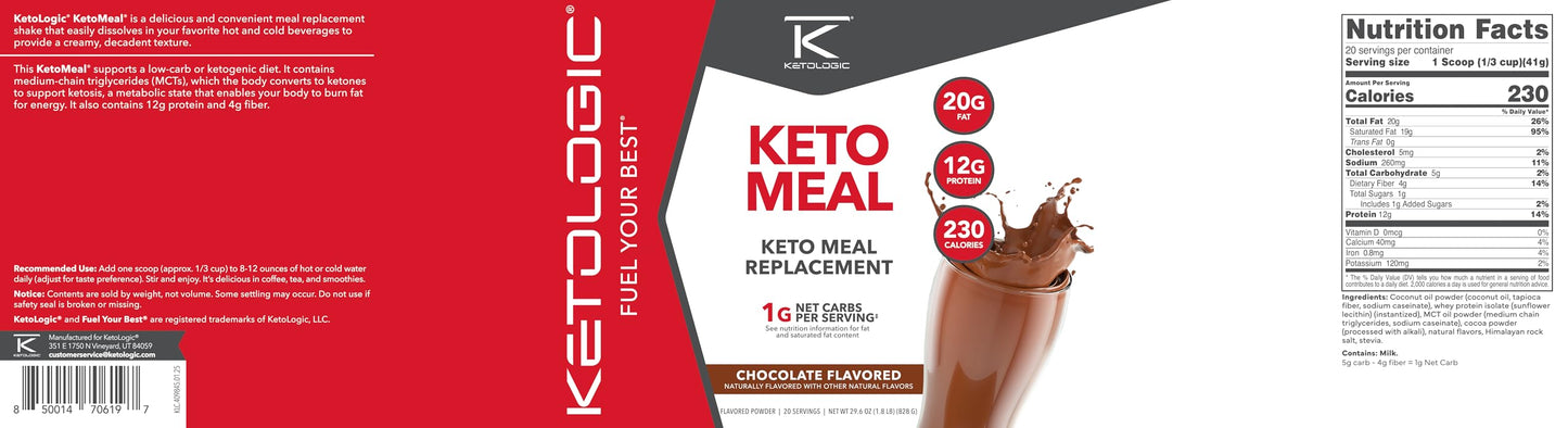 KetoLogic KetoMeal Shake with MCT Oil — 70:30 Ketogenic Macros, 20 Servings, Chocolate