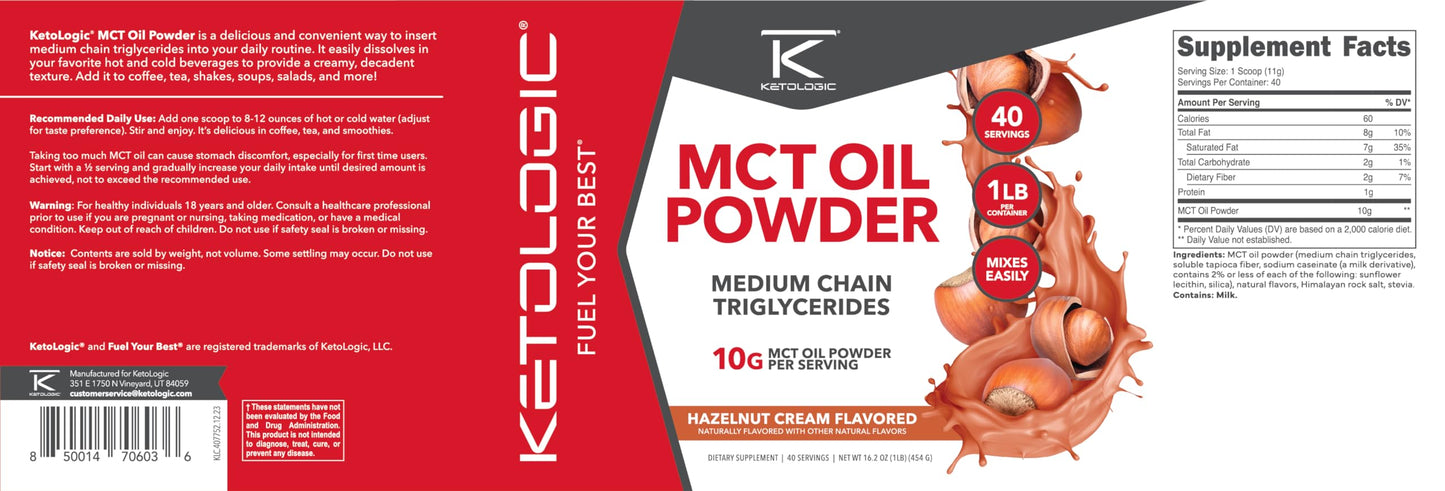 Ketologic MCT Oil Powder Hazelnut Cream (1 lb) – Keto Coffee Creamer & Energy | 41 Servings
