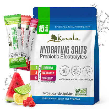 Kevala Hydrating Salts – Electrolyte Powder Drink Mix with Prebiotics | Sugar-Free, Keto & Vegan | Lemon Lime, Watermelon & Raspberry Flavors | 1 Pack (15 Sticks)