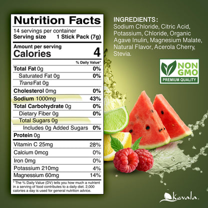 Kevala Hydrating Salts – Electrolyte Powder Drink Mix with Prebiotics | Sugar-Free, Keto & Vegan | Lemon Lime, Watermelon & Raspberry Flavors | 1 Pack (15 Sticks)