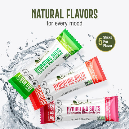 Kevala Hydrating Salts – Electrolyte Powder Drink Mix with Prebiotics | Sugar-Free, Keto & Vegan | Lemon Lime, Watermelon & Raspberry Flavors | 1 Pack (15 Sticks)