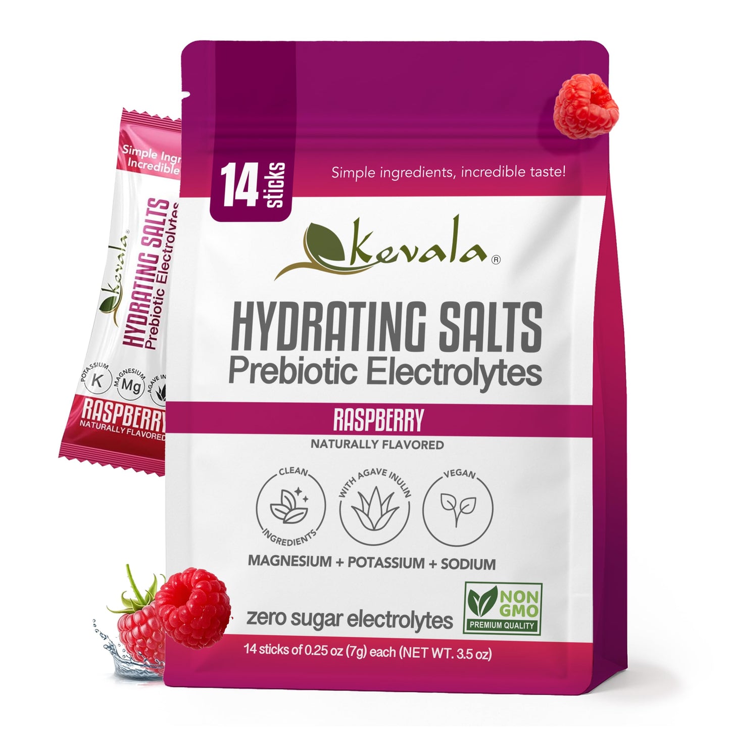 Kevala Electrolyte Hydration – Raspberry | Sugar-Free, Prebiotics & Electrolytes | Vegan, Keto | 14 Sticks