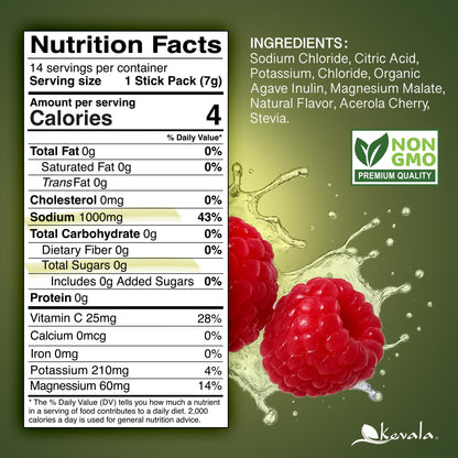 Kevala Electrolyte Hydration – Raspberry | Sugar-Free, Prebiotics & Electrolytes | Vegan, Keto | 14 Sticks