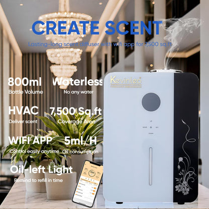 Kevinleo Scent Diffuser Machine – WiFi Control for 7,500 Sq Ft, 800ml Waterless Diffuser for HVAC & Large Spaces