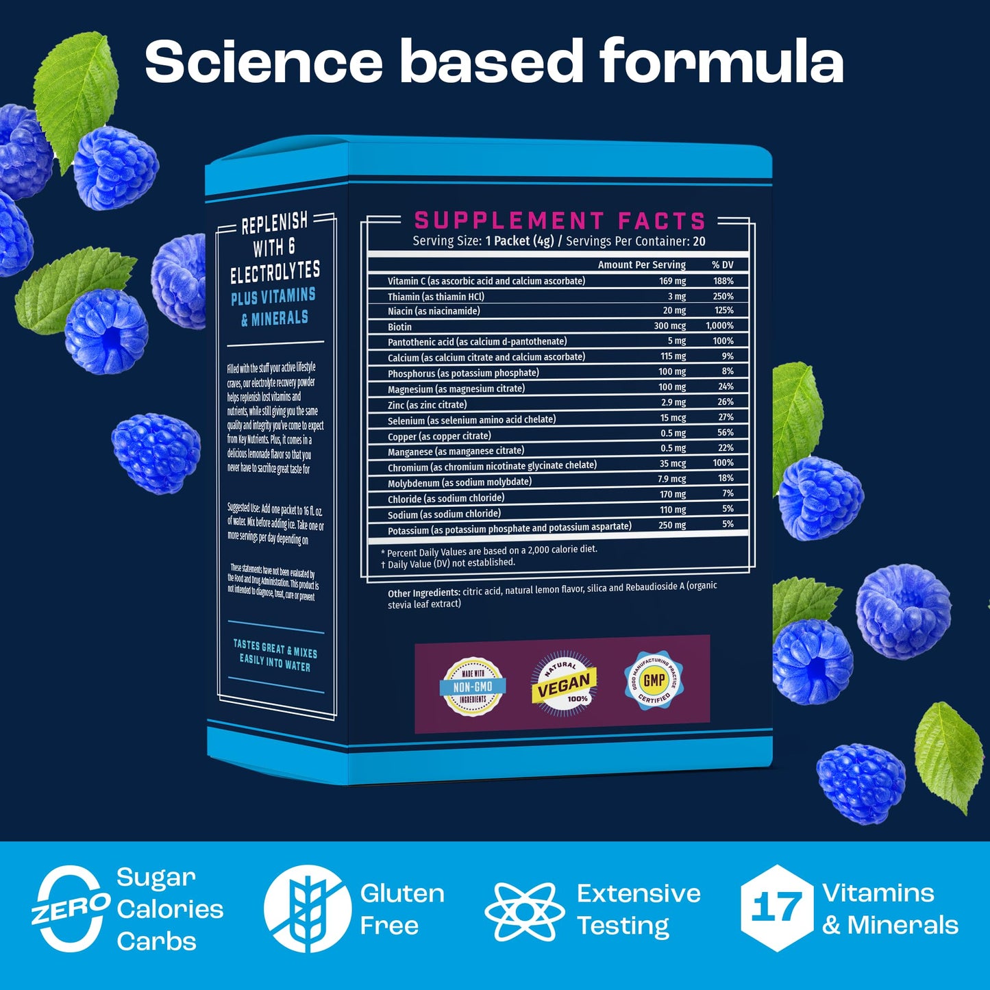 KEY NUTRIENTS Electrolytes Powder Packets 20 Pack - No Sugar, Blue Raspberry