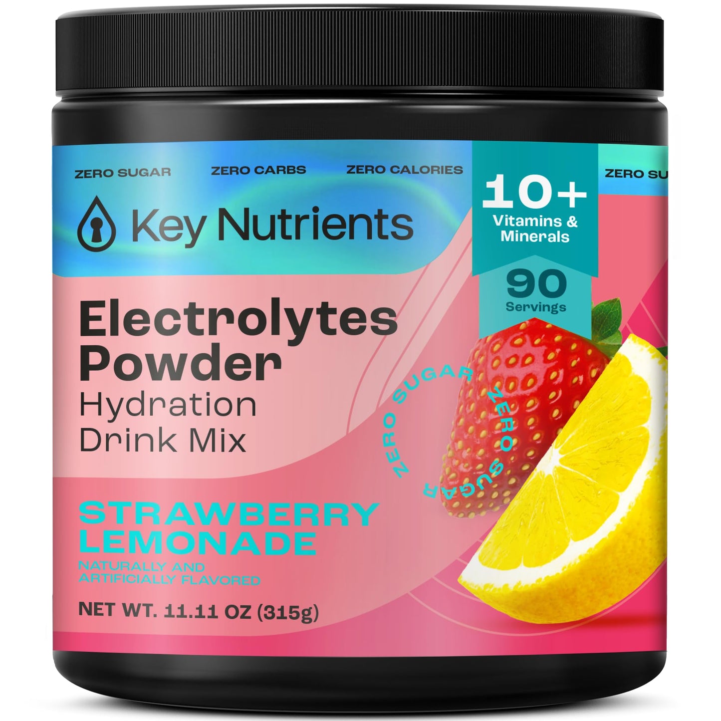 KEY NUTRIENTS Electrolytes Powder No Sugar | Juicy Strawberry Lemonade | 90 Servings | Made in USA