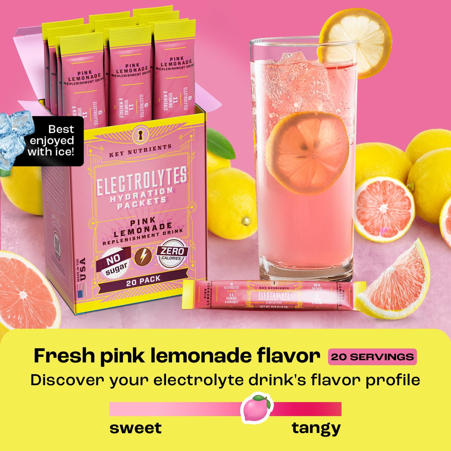 KEY NUTRIENTS Electrolytes Powder Packets - Fresh Pink Lemonade 20 Pack Hydration Packets - Made in USA
