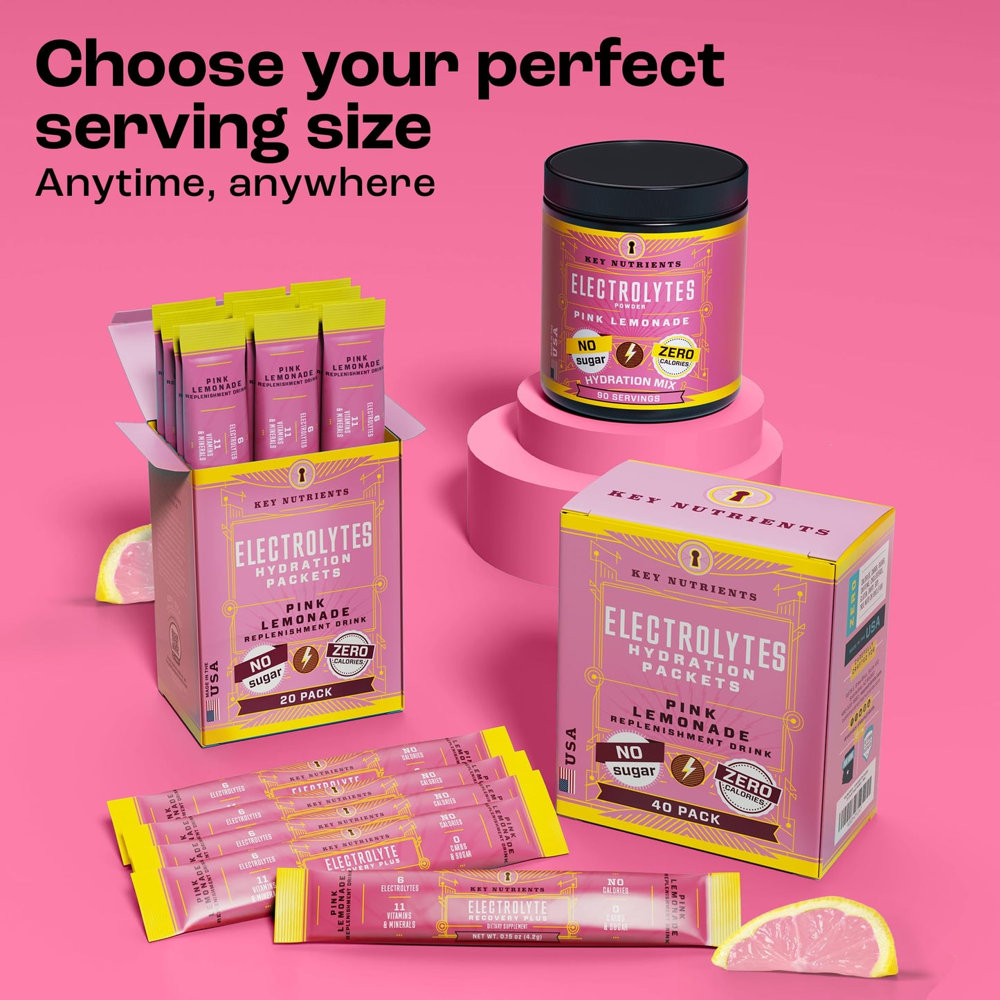 KEY NUTRIENTS Electrolytes Powder Packets - Fresh Pink Lemonade 20 Pack Hydration Packets - Made in USA