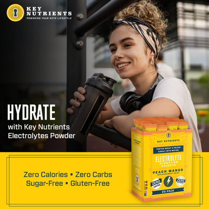 KEY NUTRIENTS Electrolytes Powder Packets – Tropical Peach Mango 20 Pack | No Sugar, Gluten Free, Made in USA