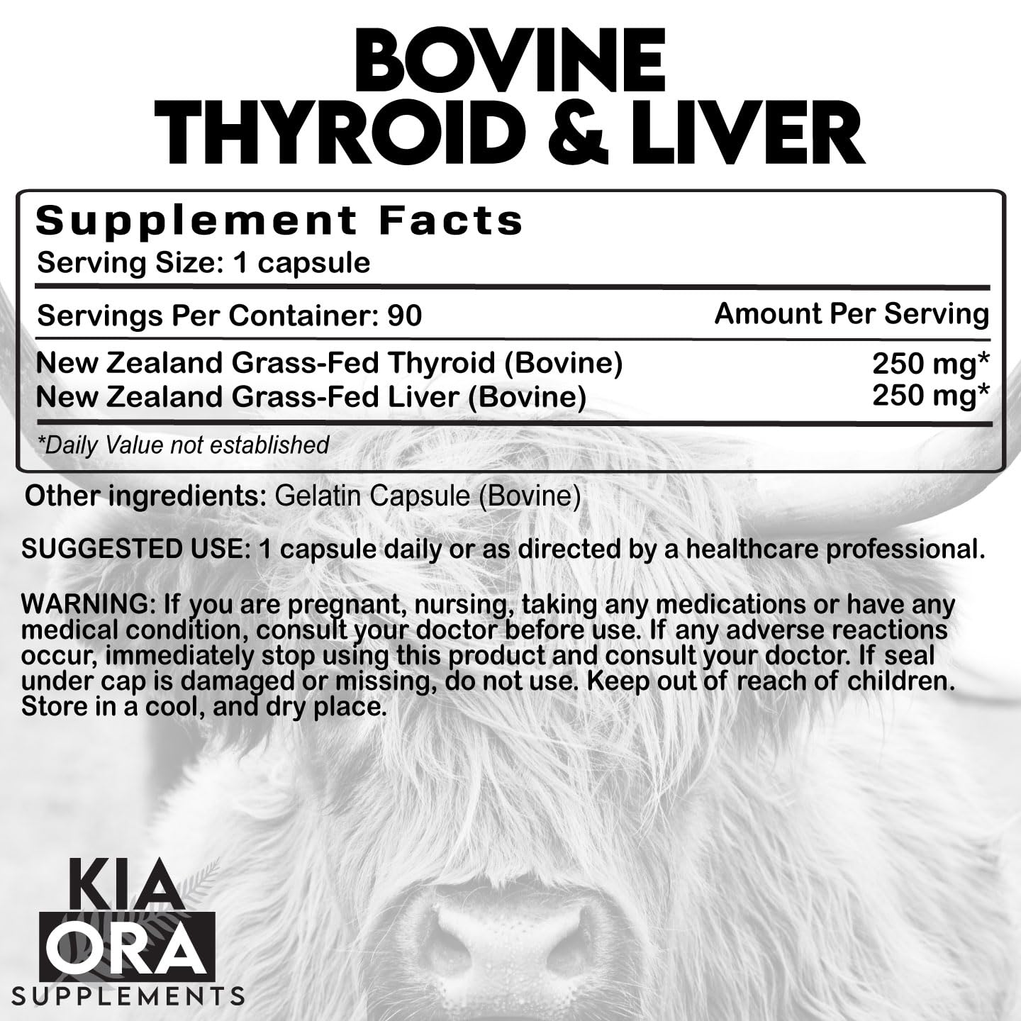 KIA ORA Grass-Fed Bovine Thyroid with Liver Supplement | 90 Capsules | NZ Sourced