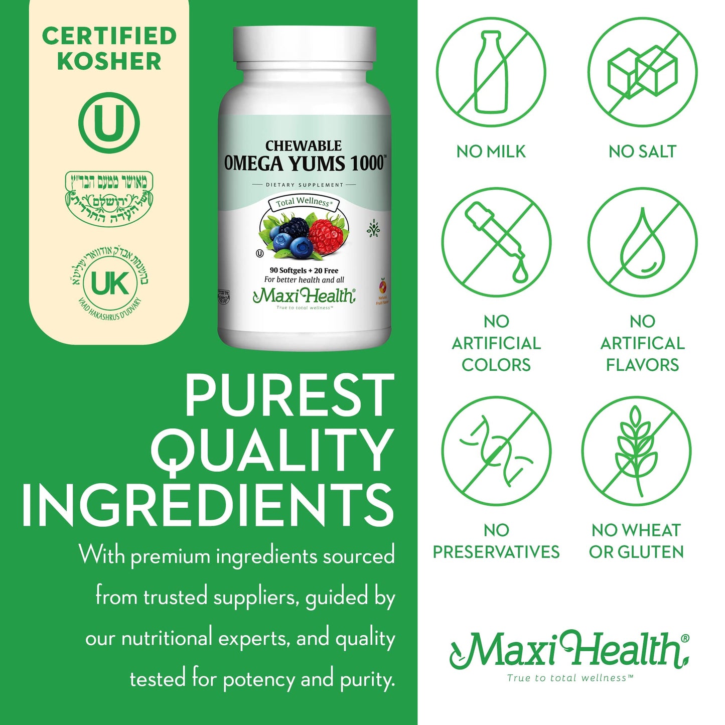 Maxi Health Omega Yums 1000 – Kid-Friendly Fruity Burst Omega-3 Gummies (110 Softgels) | Kosher