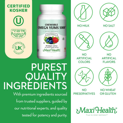 Maxi Health Omega Yums 1000 – Kid-Friendly Fruity Burst Omega-3 Gummies (110 Softgels) | Kosher